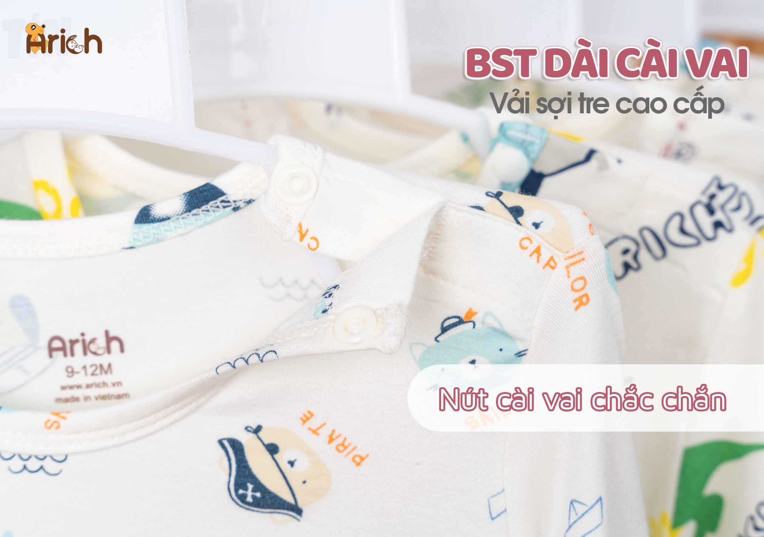 Mô tả Bộ dài tay cài vai trẻ em in Hoạ tiết, vải sợi tre Arich (size 9-12m đến 5-6y) - 3