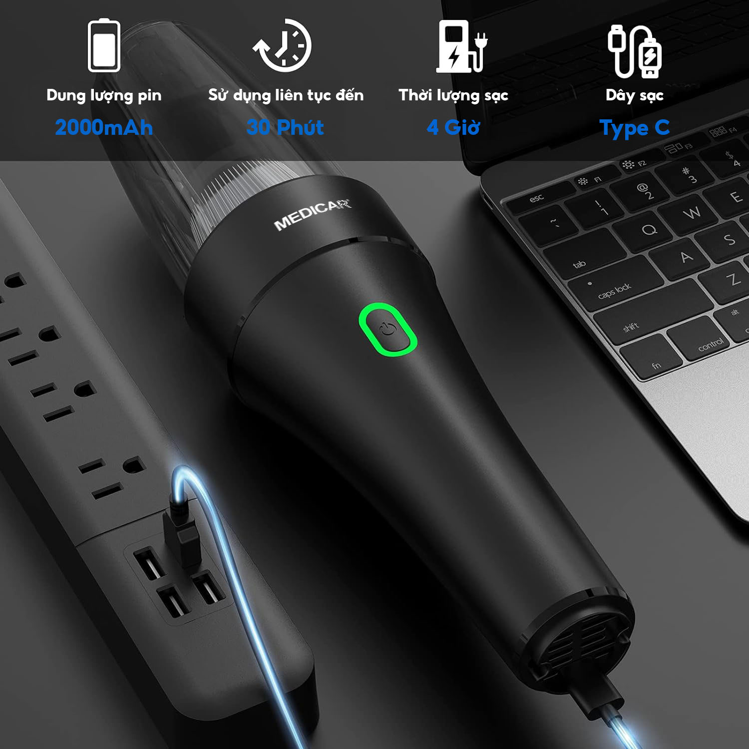 Mô tả Máy hút bụi & thổi bụi cầm tay không dây đa năng Medicar siêu mạnh 8500PA, hút bụi mịn ổ tô 10PM - 5