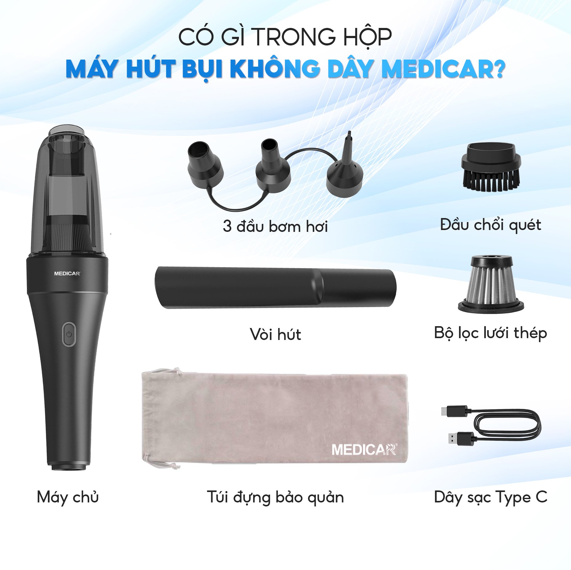 Mô tả Máy hút bụi & thổi bụi cầm tay không dây đa năng Medicar siêu mạnh 8500PA, hút bụi mịn ổ tô 10PM - 11