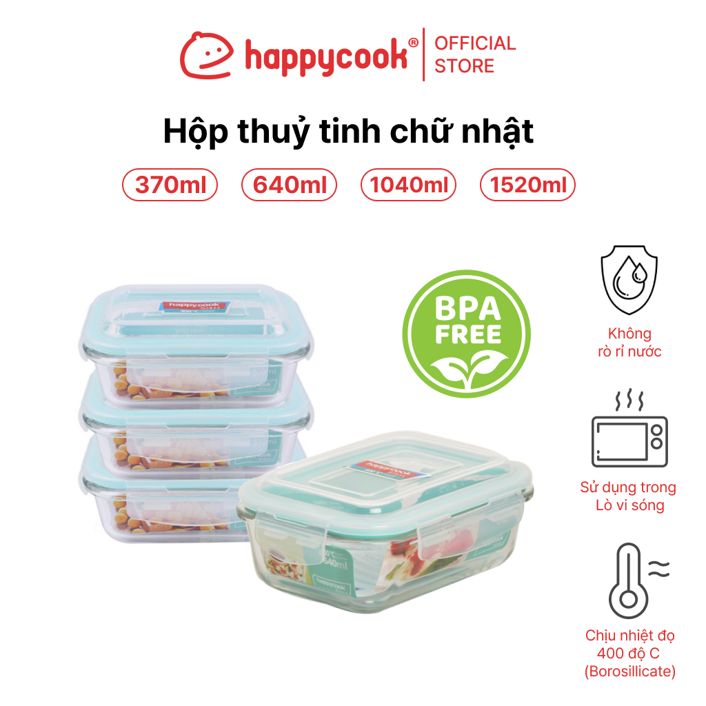 Mô tả Hộp thuỷ tinh chữ nhật 370ml, 640ml, 1040ml, 1520ml, HAPPYCOOK - 1