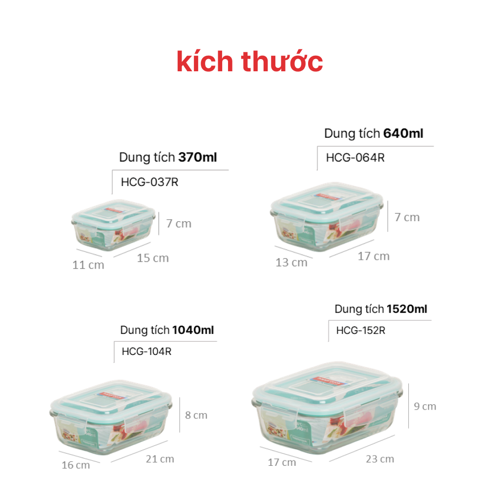 Mô tả Hộp thuỷ tinh chữ nhật 370ml, 640ml, 1040ml, 1520ml, HAPPYCOOK - 7