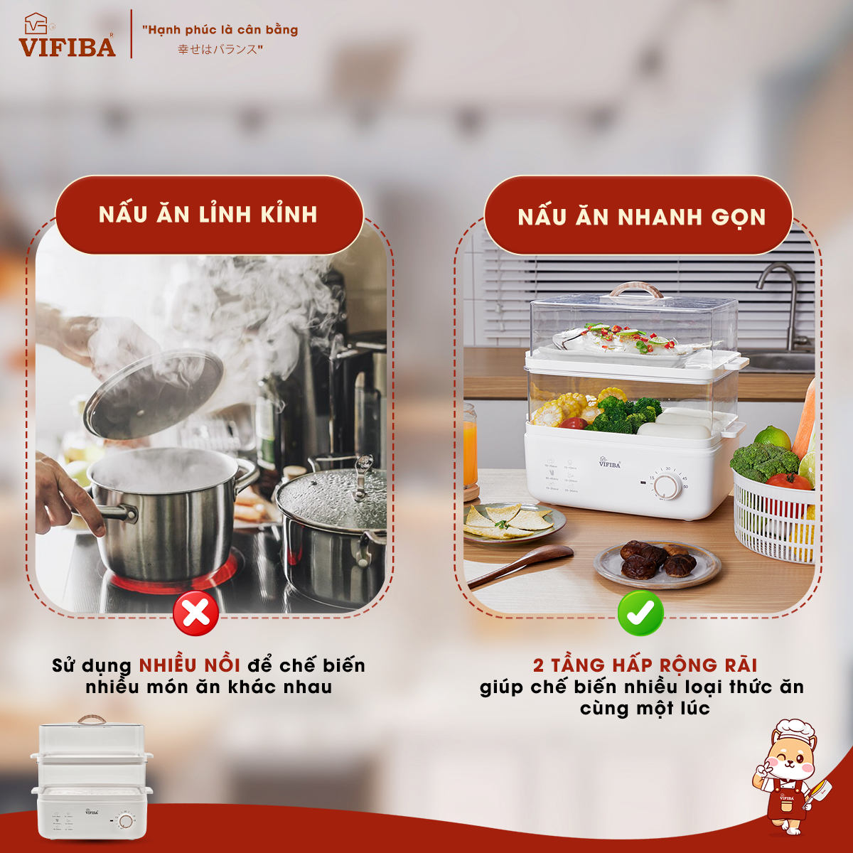 Mô tả Nồi Hấp Điện 2 Tầng VIFIBA Chính Hãng - Nồi Hấp Hẹn Giờ - Dung Tích 10L, Hấp Gà Nguyên Con 3kg - 8