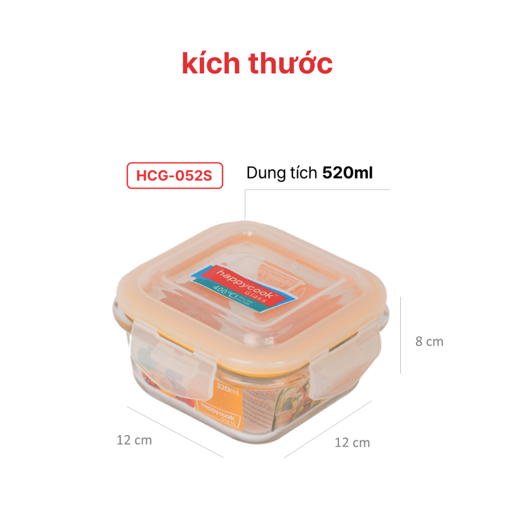 Mô tả Hộp thủy tinh hình vuông 320ml, 520ml, 800ml HAPPYCOOK - 8