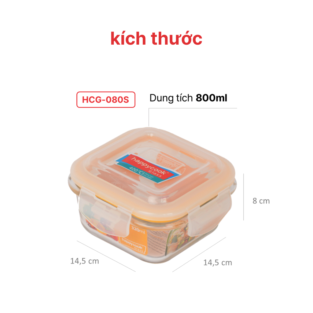 Mô tả Hộp thủy tinh hình vuông 320ml, 520ml, 800ml HAPPYCOOK - 9
