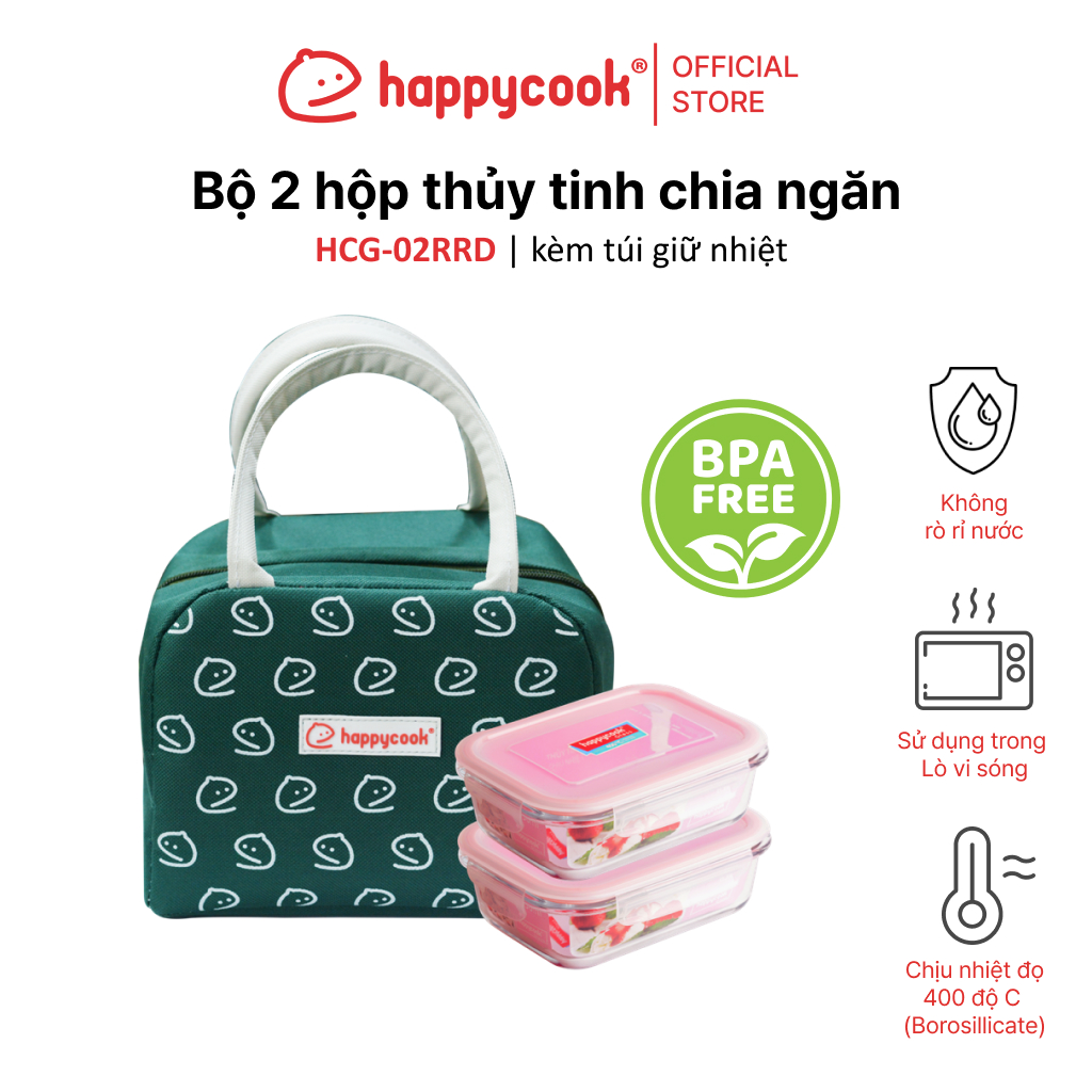 Mô tả Bộ hộp thủy tinh chia ngăn kèm túi giữ nhiệt HAPPYCOOK, HCG-02RRD - 1