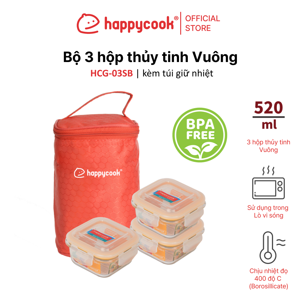 Mô tả Bộ 3 hộp thủy tinh Vuông 520ml + kèm túi giữ nhiệt HAPPYCOOK, HCG-03SB - 1