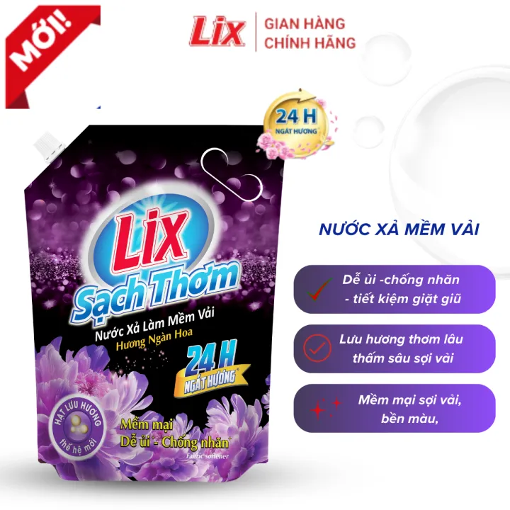 Mô tả Nước xả làm mềm vải Lix sạch thơm hương ngàn hoa túi 1,8/ 2,2L - Nước xả hạt lưu hương thơm lâu thấm sâu sợi vải - Lixco - 1