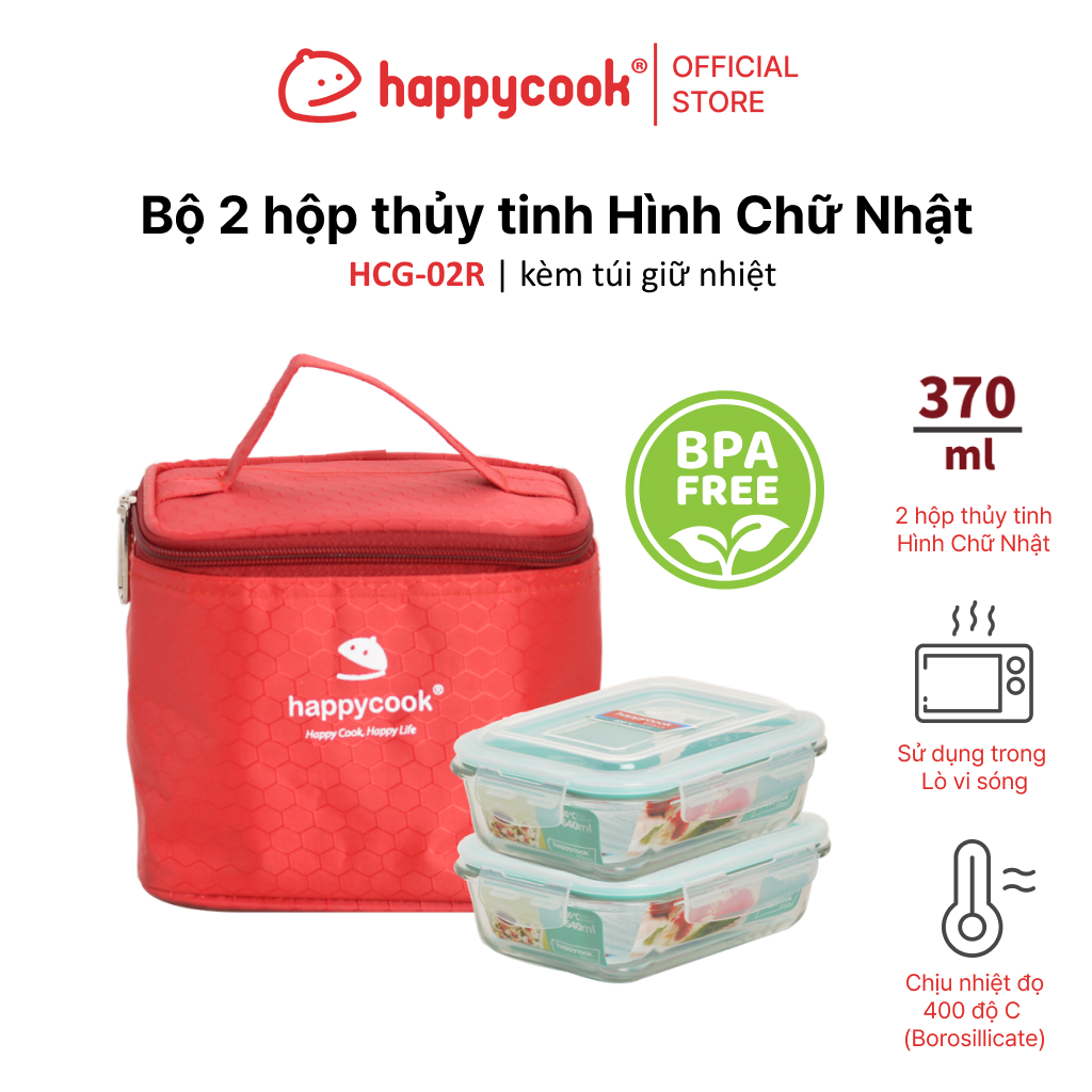 Mô tả Bộ 2 hộp thủy tinh Hình chữ nhật 370ml + kèm túi giữ nhiệt HAPPYCOOK, HCG-02R - 1