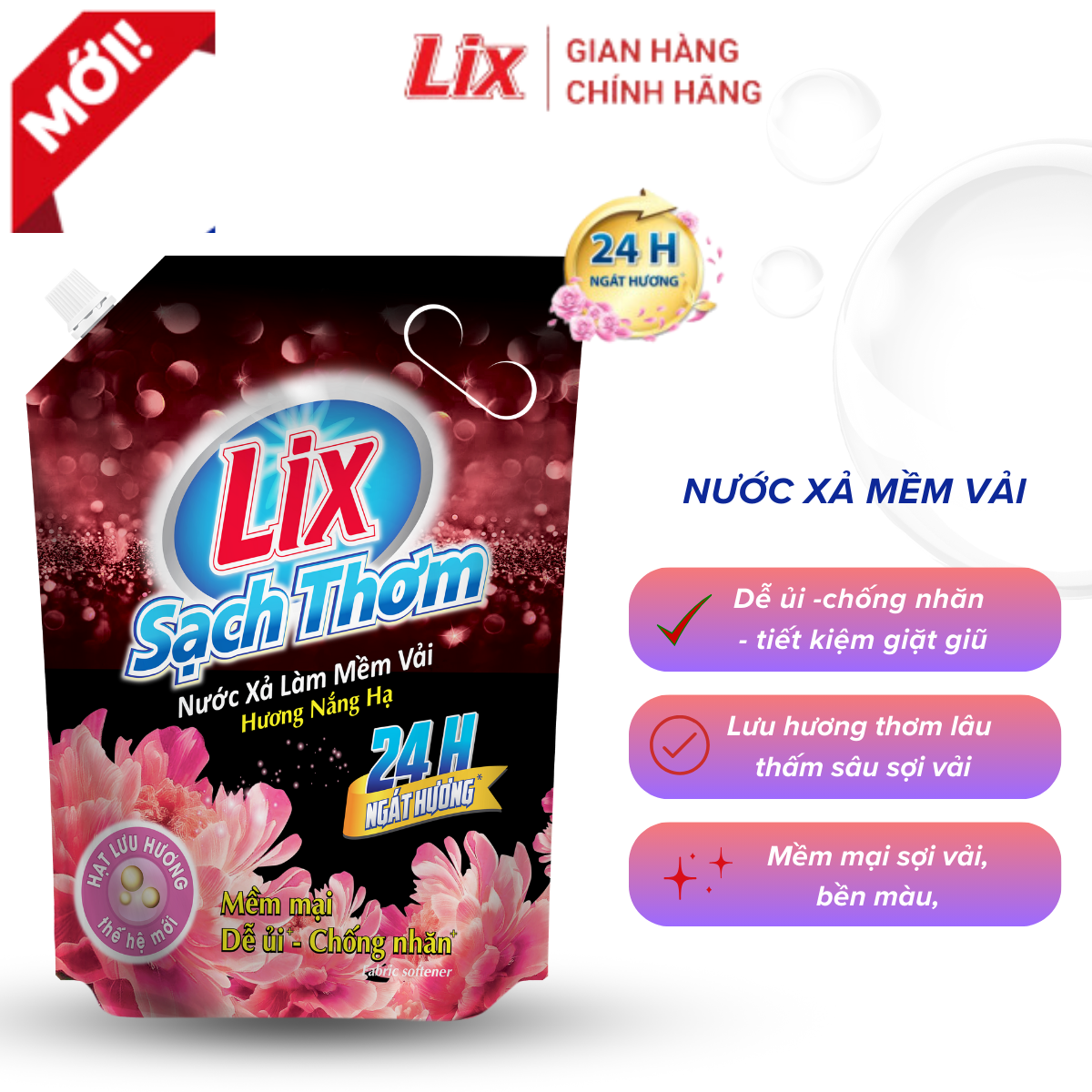Mô tả Nước xả làm mềm vải Lix sạch thơm hương nắng hạ 1,8/ 2,2L/ 3,2L - Nước xả hạt lưu hương thơm trên sợi vải - Lixco - 1