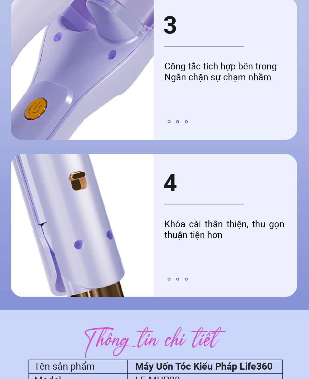 Mô tả Máy Uốn Tóc Ion Âm Kiểu Pháp Life360 LF-MUP23, Máy Uốn Tóc Hippie, Uốn Xoăn Gợn Sóng 32mm, BH 1 Năm - 5