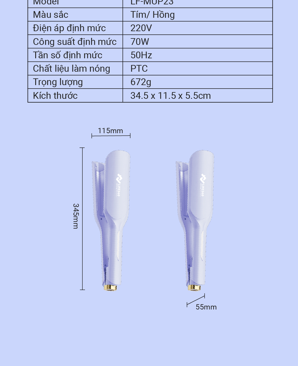 Mô tả Máy Uốn Tóc Ion Âm Kiểu Pháp Life360 LF-MUP23, Máy Uốn Tóc Hippie, Uốn Xoăn Gợn Sóng 32mm, BH 1 Năm - 6