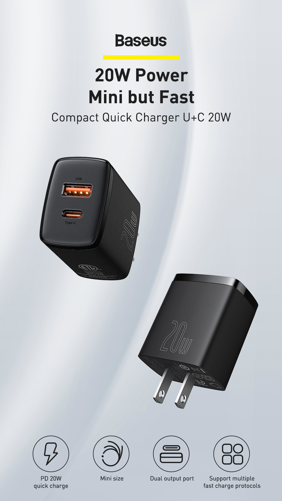 Mô tả Củ Sạc Nhanh PD 20w 2 Cổng Chính Hãng Baseus QC3.0 Cục Type-C Và USB Cho iP 13 12 11 XS X XR Xiaomi - 1