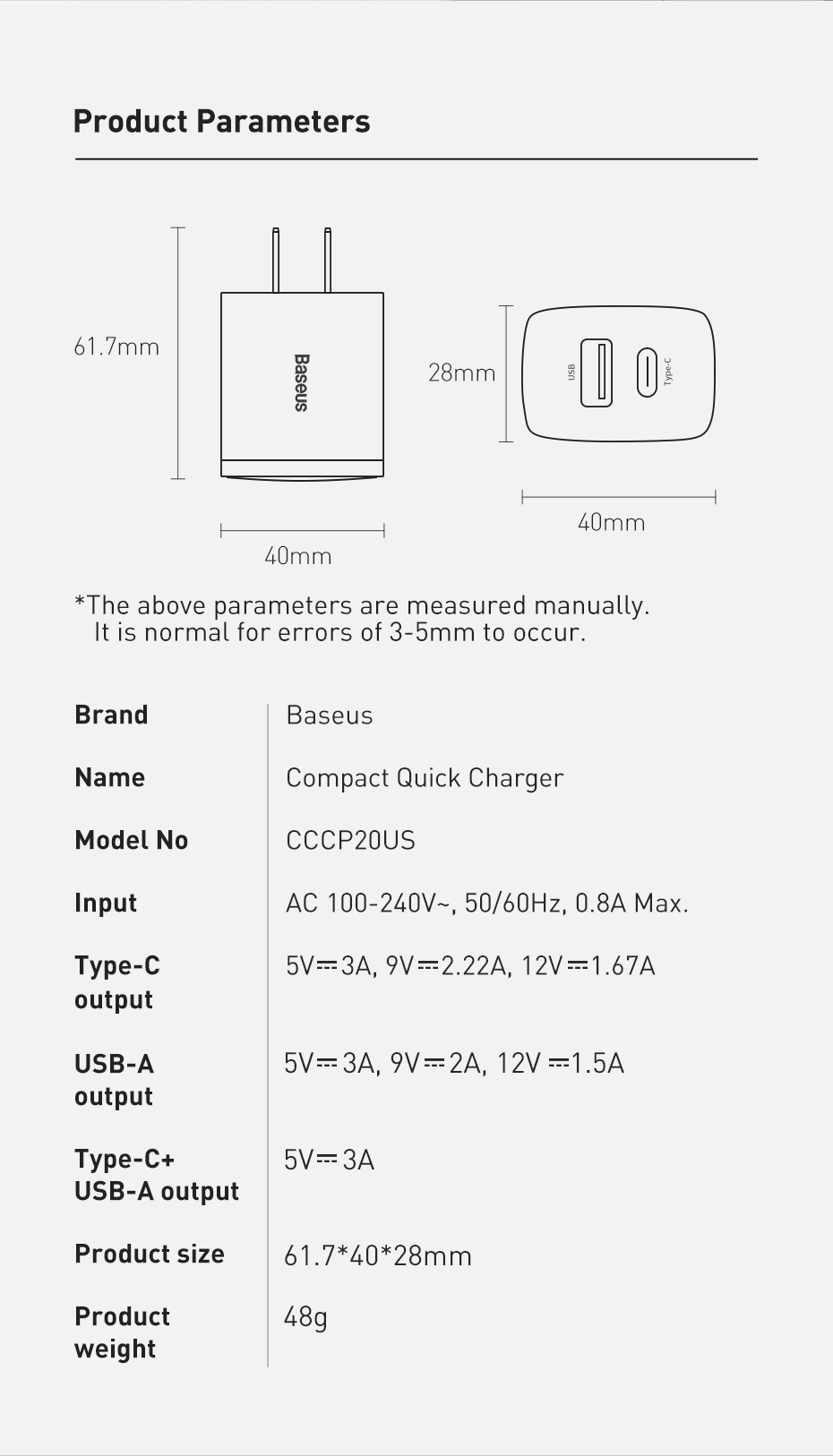 Mô tả Củ Sạc Nhanh PD 20w 2 Cổng Chính Hãng Baseus QC3.0 Cục Type-C Và USB Cho iP 13 12 11 XS X XR Xiaomi - 10