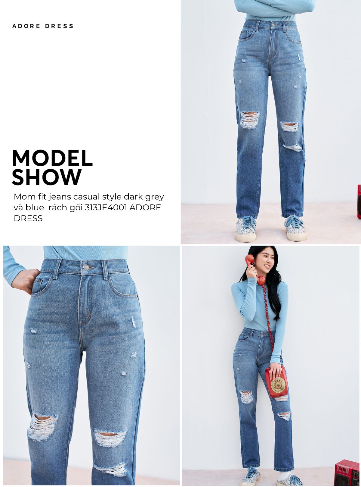 Mô tả Quần Mom fit jeans casual style dark grey và blue rách gối 313JE4001 ADORE DRESS - 1