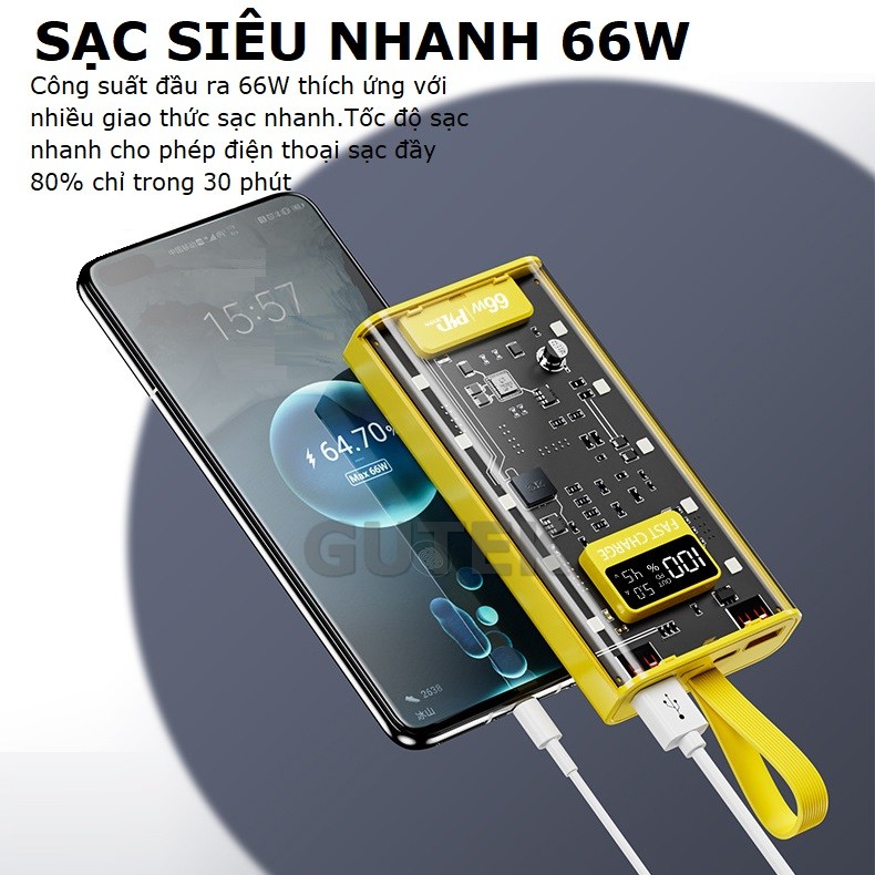 Mô tả Sạc dự phòng 30000mah sạc nhanh 66w pin dung lượng lớn đi kèm dây cắm nhiều điện thoại - Gutek DX745 - 4