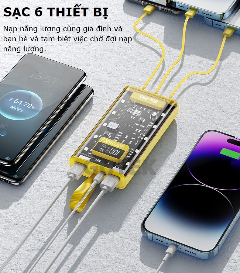 Mô tả Sạc dự phòng 30000mah sạc nhanh 66w pin dung lượng lớn đi kèm dây cắm nhiều điện thoại - Gutek DX745 - 5