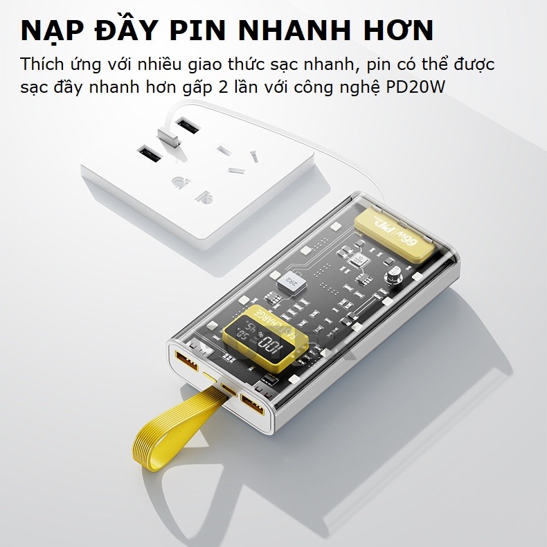 Mô tả Sạc dự phòng 30000mah sạc nhanh 66w pin dung lượng lớn đi kèm dây cắm nhiều điện thoại - Gutek DX745 - 8