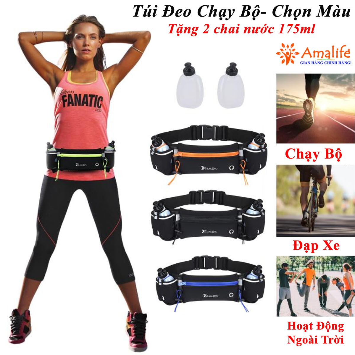 Mô tả Túi Đeo Hông Chạy Bộ Đựng Điện Thoại Ví Khóa Chống Nước Chọn Màu Có Bình Đựng Nước Nhựa 175ml Chính Hãng Amalife - 1
