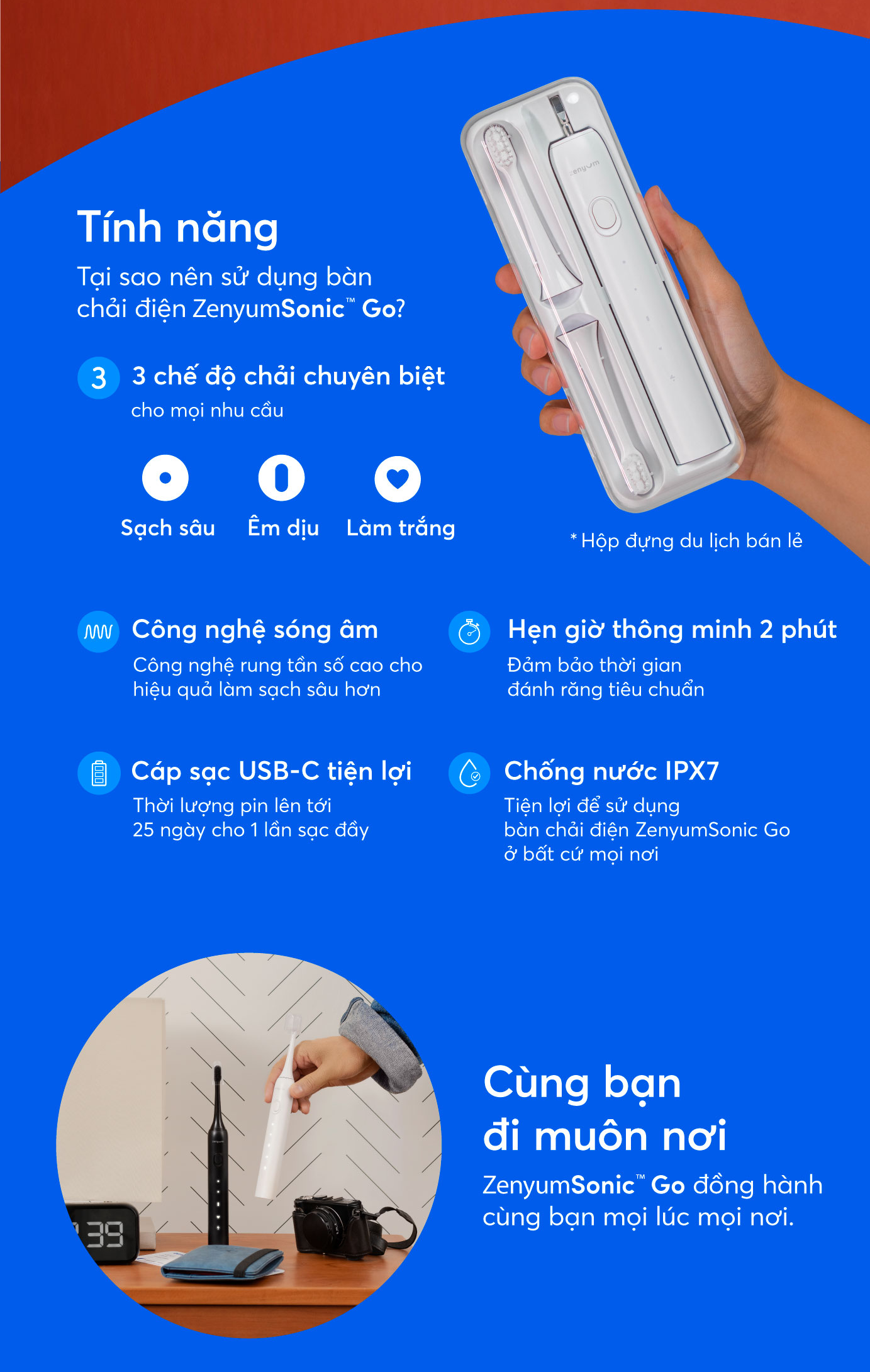 Mô tả Bộ Bàn Chải Điện Zenyum Sonic GO phiên bản Du Lịch Tiêu Chuẩn - 1 Bàn Chải + 1 Hộp Đựng + 3 Đầu Thay - 2