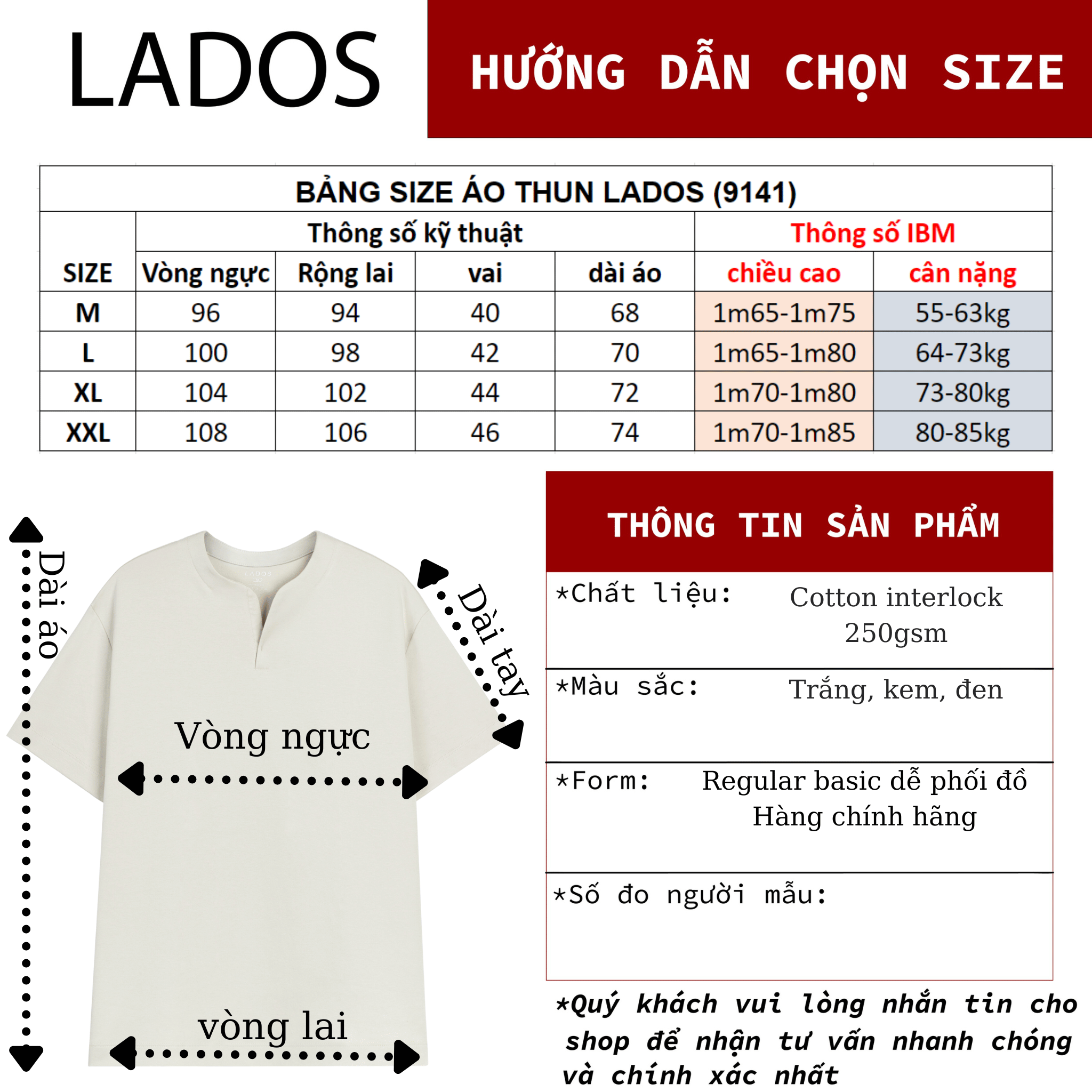 Mô tả Áo thun tay ngắn cổ tròn xẻ V nam nữ cotton interlock 250gsm LADOS-9141 chất dày dặn, thấm hút, phong cách trẻ trung - 4