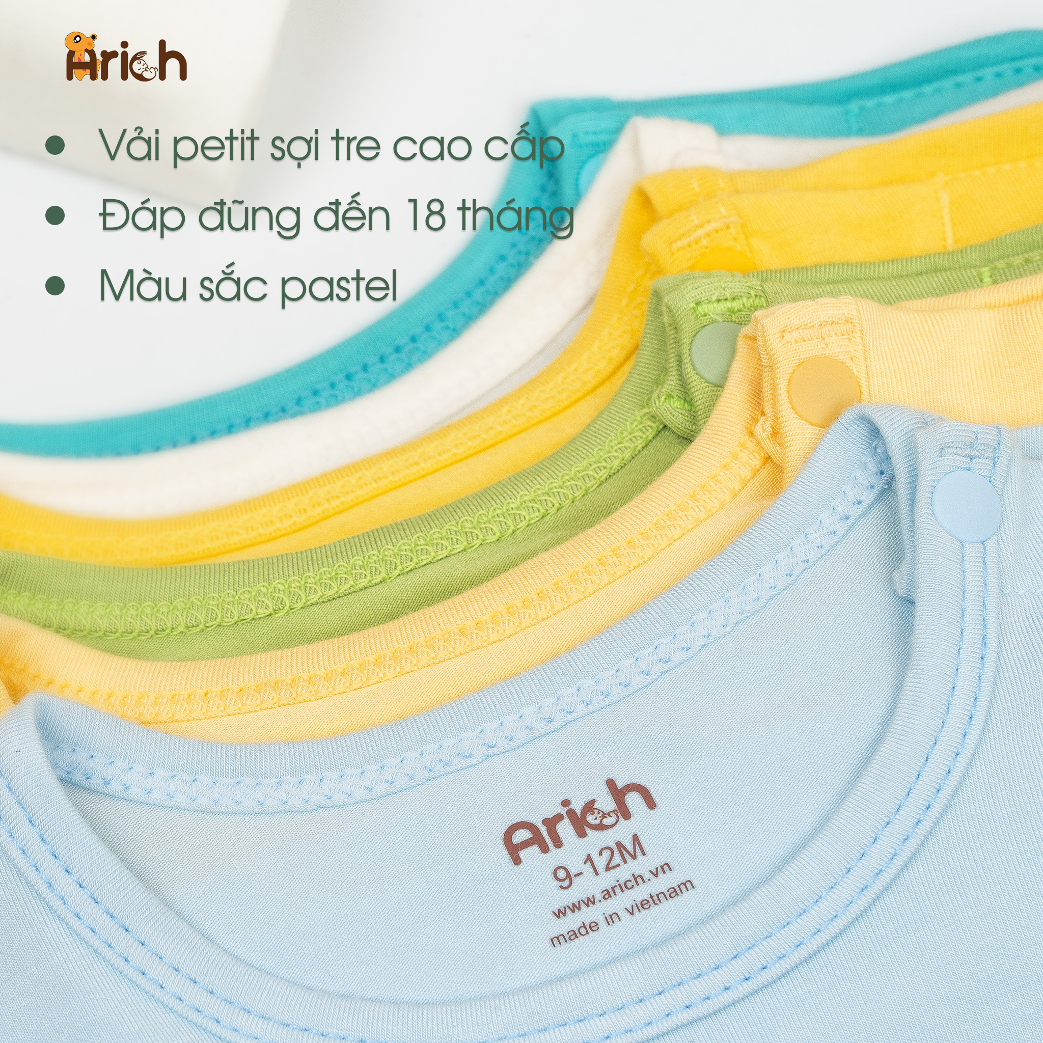 Mô tả Bộ dài tay cài vai Arich vải sợi tre mềm mát,màu trơn cho bé trai, bé gái từ 6 tháng đến 6 tuổi - 4