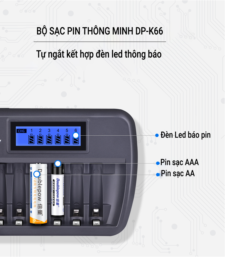 Bộ sạc 6 pin AA AAA Doublepow DP-K66, Pin sạc dùng cho Cho Micro, đồ ...