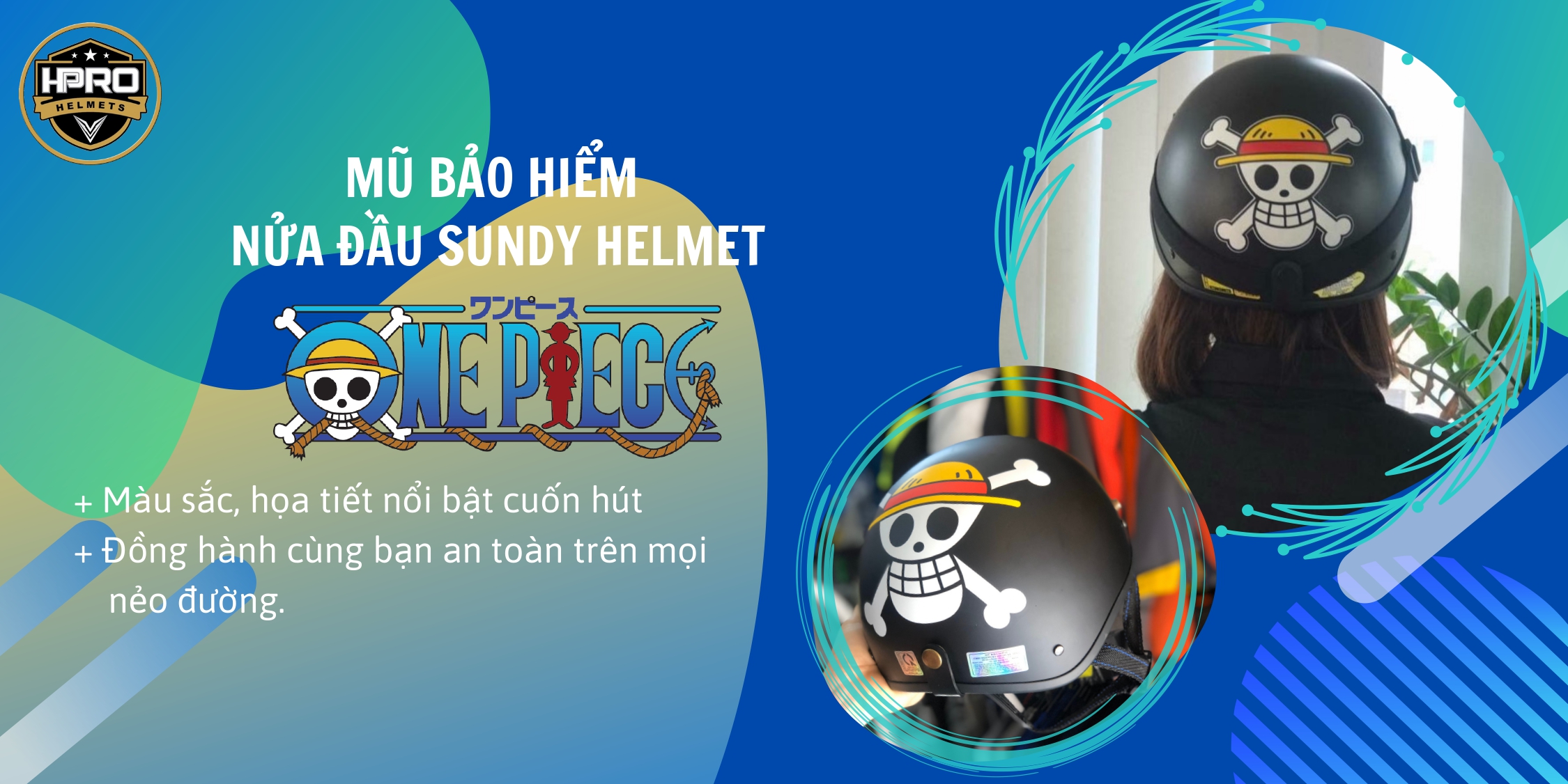 Mô tả Mũ bảo hiểm nửa đầu Sundy Helmet, họa tiết One Piece , cá tính, an toàn, kèm kính phi công, uv, freesize(55-59cm) - 1