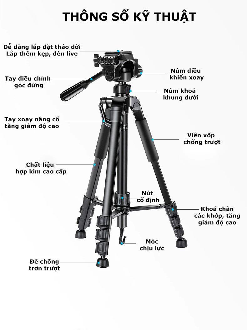 Tripod HOLOCOM có thước cân bằng chuyên nghiệp