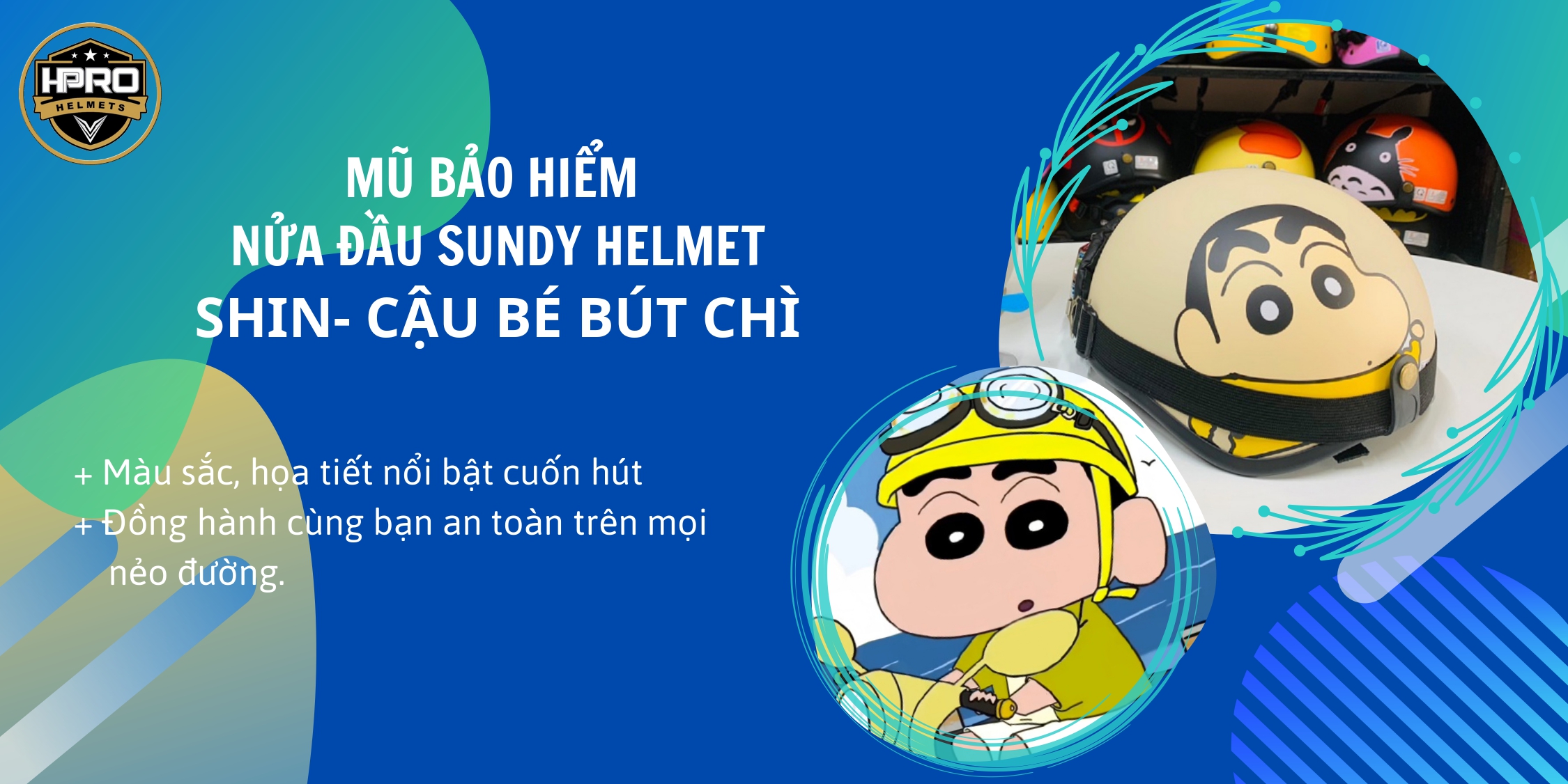 Mô tả Nón bảo hiểm nửa đầu Hpro helmet tem Shin-Cậu bé bút chì, freesize (55-59cm), kèm kính phi công, uv - 1
