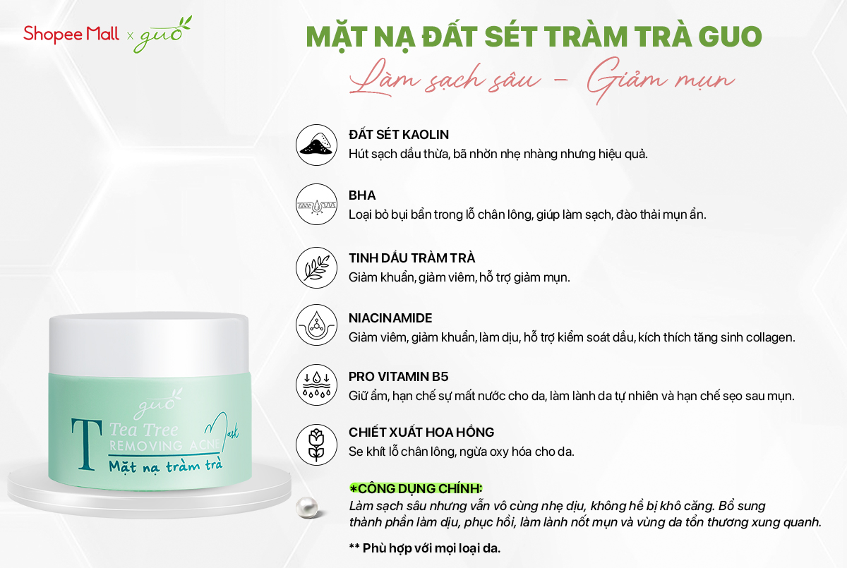 Mô tả Mặt nạ đất sét tràm trà cải thiện mụn, sạch sâu, se khít lỗ chân lông - GUO Tea Tree Mask 50g - 1