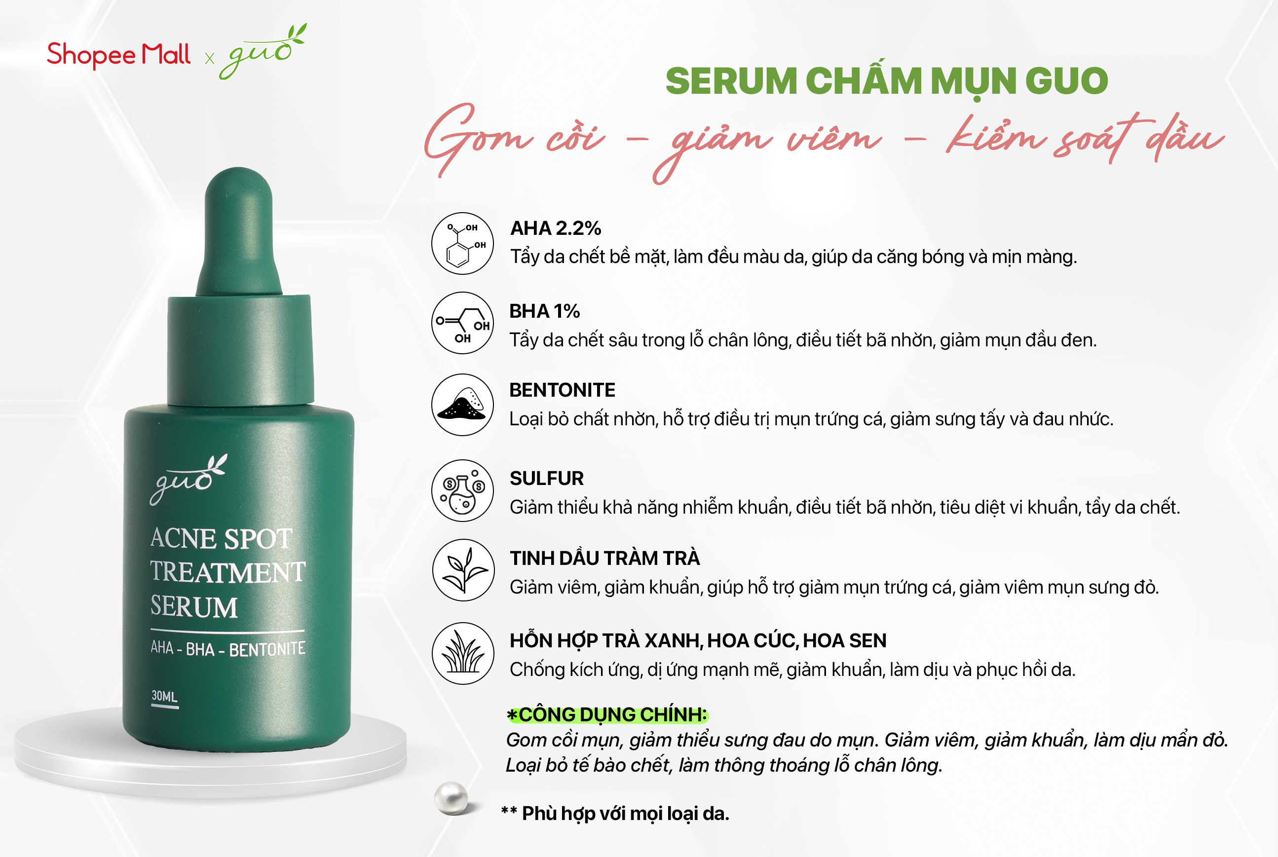 Mô tả Serum sạch mụn giảm thâm chuyên cho bà bầu da mụn, gom khô mụn với tràm trà GUO 10ml, 30ml - 1