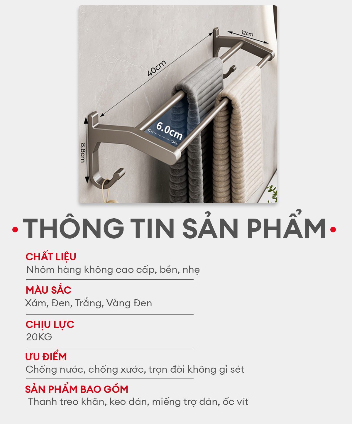 Mô tả Giá treo khăn phòng tắm Enomax, treo quần áo dán tường, chất liệu nhôm hàng không cao cấp, Bảo hành 10 năm (Eno - 0136) - 8