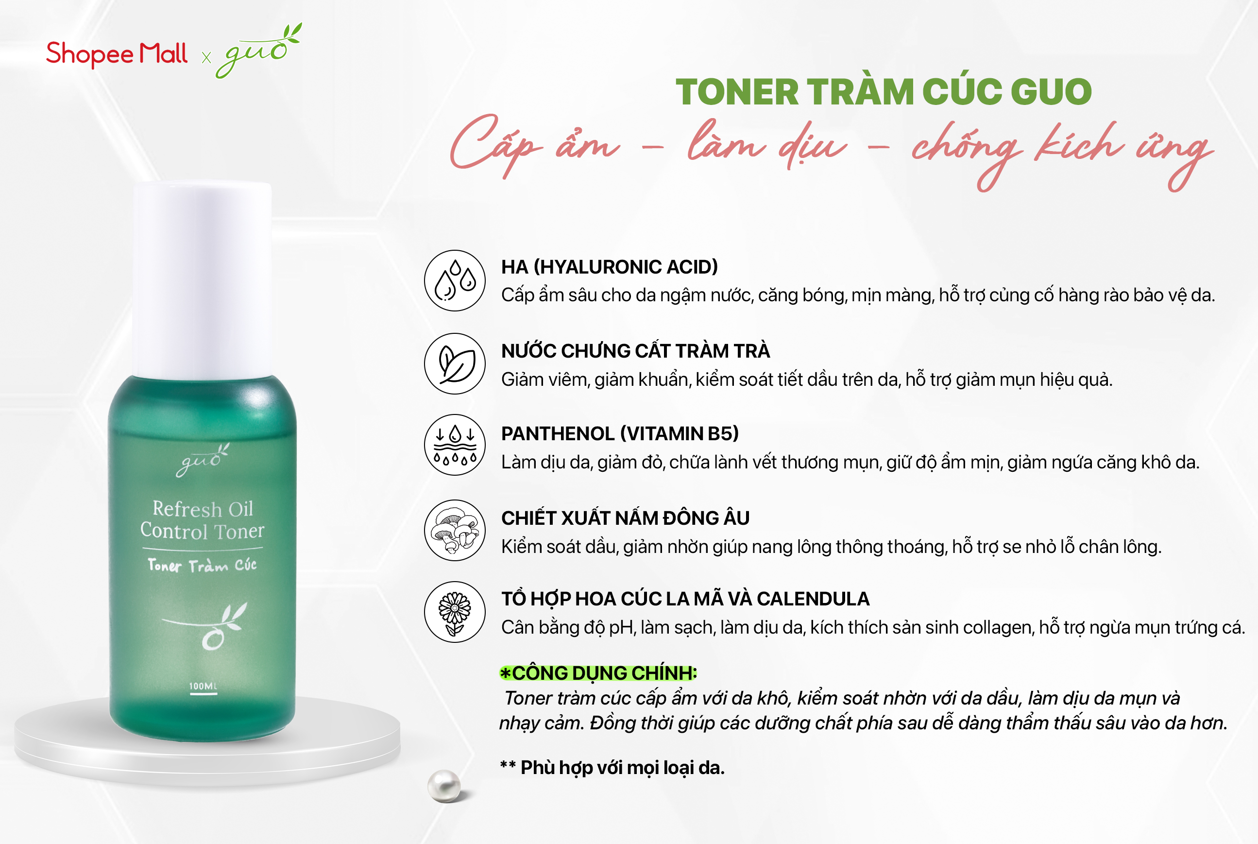 Mô tả Toner tràm cúc kiềm dầu, cấp ẩm, ngừa mụn, cân bằng, dịu nhẹ cho da nhạy cảm GUO 100ml - 1
