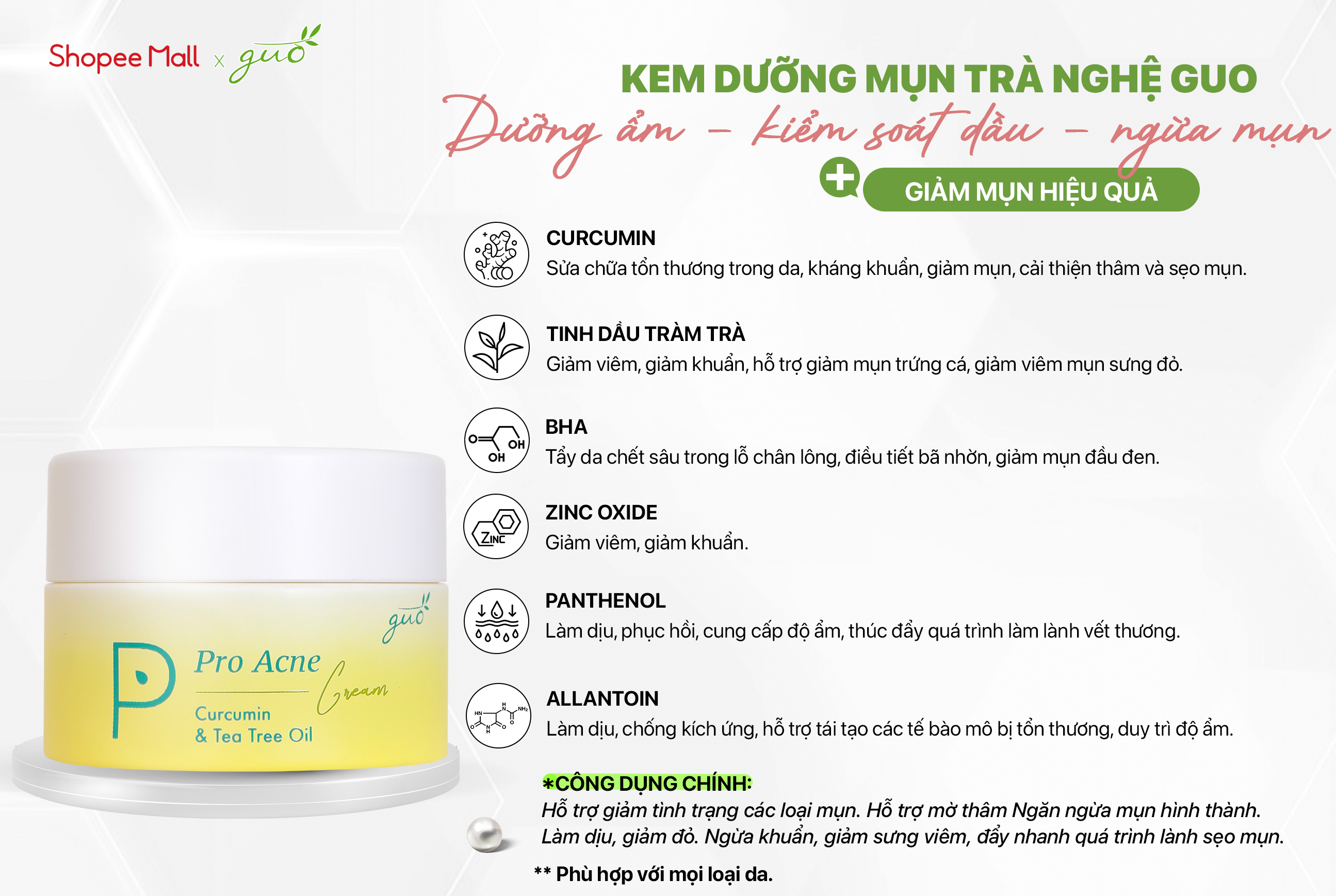 Mô tả Kem nghệ cho bà bầu kiềm dầu giảm mụn mờ thâm GUO 30g [Tràm trà và nghệ] - 1