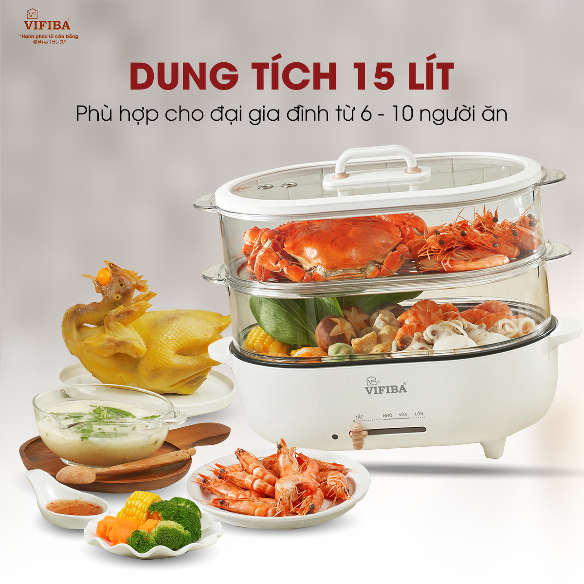 Mô tả Nồi Lẩu Điện Hấp 2 Tầng KACHI VIFIBA - NồI Vừa Nấu Lẩu Vừa Hấp - Công Suất 1000W, Dung Tích Nấu 15L - 2