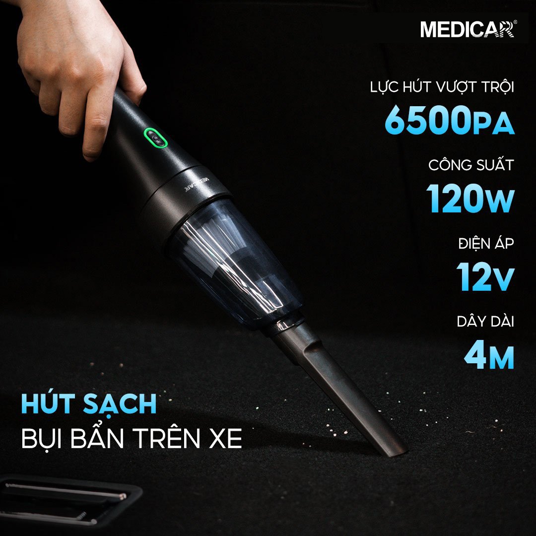 Mô tả Máy hút bụi ô tô cầm tay chuyên dụng Medicar, lực hút mạnh 6500PA, cắm vào tẩu sạc xe hơi, 3 đầu hút - 1