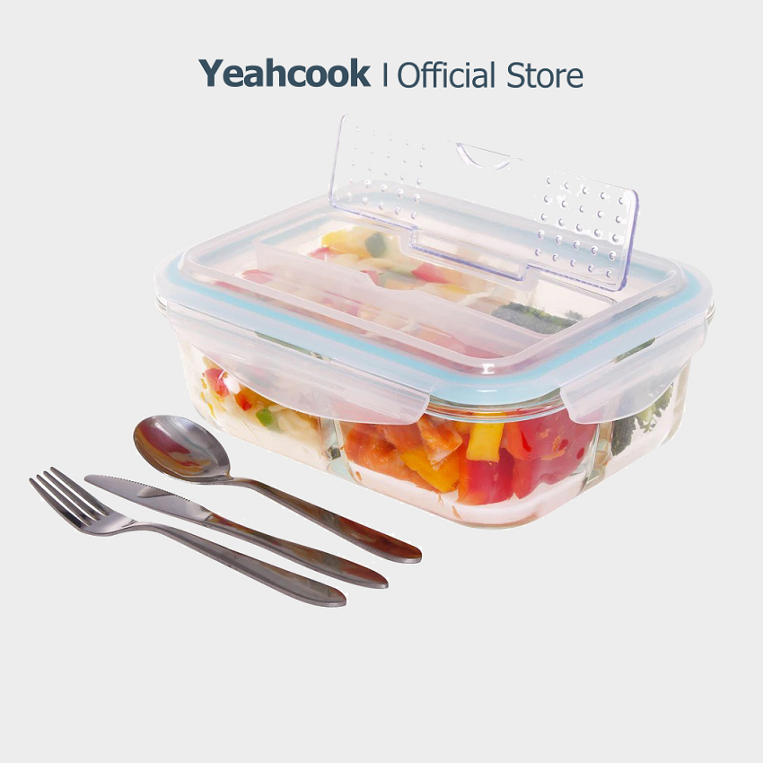 Mô tả Hộp đựng cơm thủy tinh 2 ngăn cao cấp YEAHCOOK - Kèm bộ thìa, dĩa, dao tiện lợi - 1
