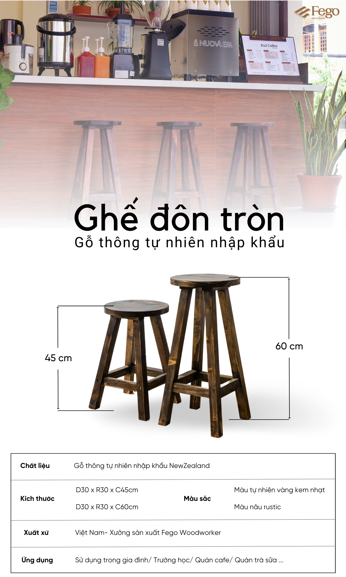 Ghế đôn gỗ thông FEGO - Chất liệu bền bỉ