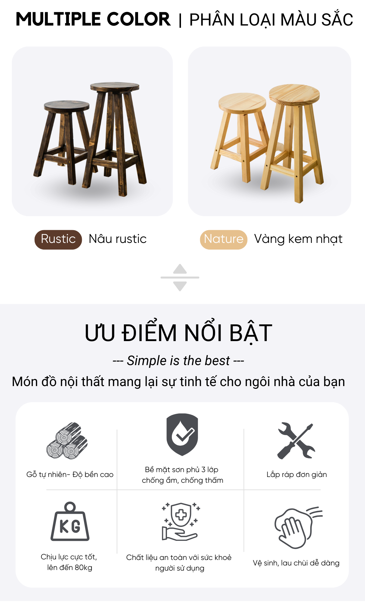 Ghế đôn gỗ thông FEGO - Kích thước