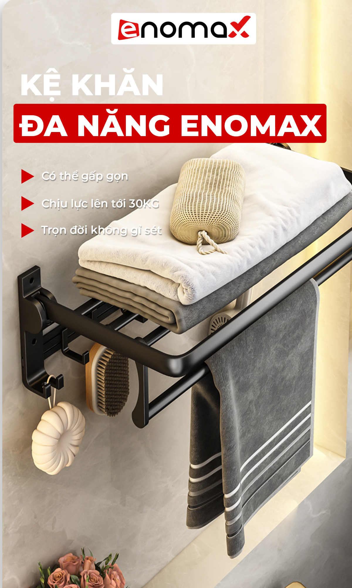 Mô tả Kệ nhà tắm Enomax treo khăn phòng tắm dán tường. Nhôm hàng không cao cấp, dày dặn, chống gỉ. Bảo Hành 10 Năm (Eno 0134) - 1