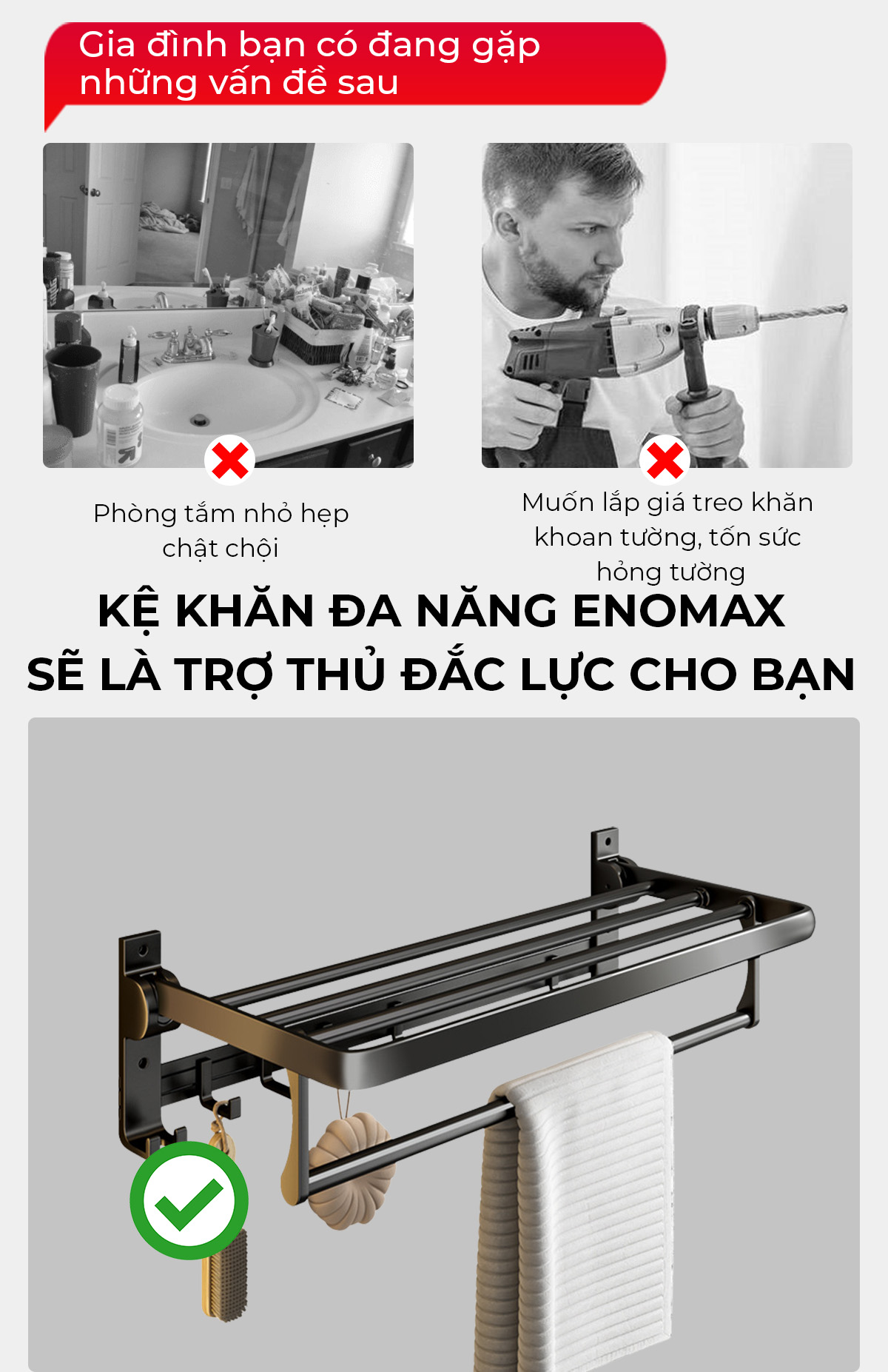 Mô tả Kệ nhà tắm Enomax treo khăn phòng tắm dán tường. Nhôm hàng không cao cấp, dày dặn, chống gỉ. Bảo Hành 10 Năm (Eno 0134) - 2