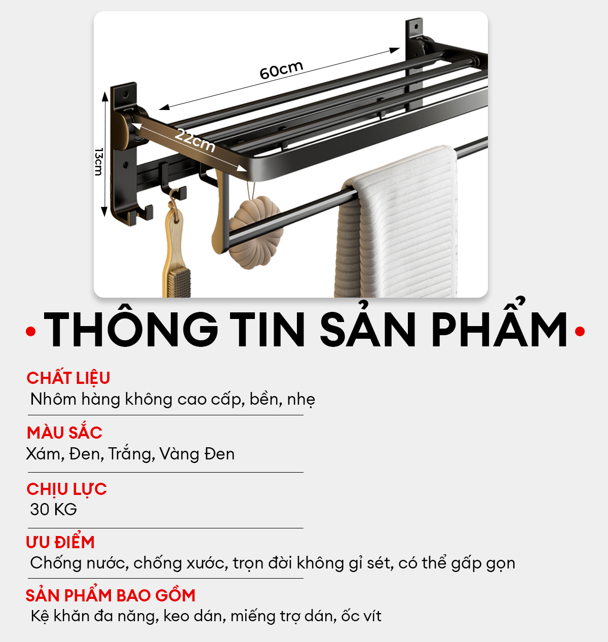 Mô tả Kệ nhà tắm Enomax treo khăn phòng tắm dán tường. Nhôm hàng không cao cấp, dày dặn, chống gỉ. Bảo Hành 10 Năm (Eno 0134) - 8