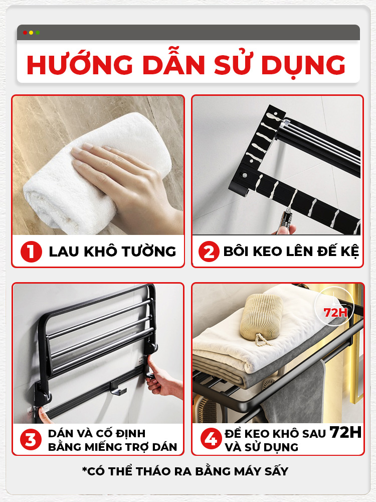 Mô tả Kệ nhà tắm Enomax treo khăn phòng tắm dán tường. Nhôm hàng không cao cấp, dày dặn, chống gỉ. Bảo Hành 10 Năm (Eno 0134) - 10