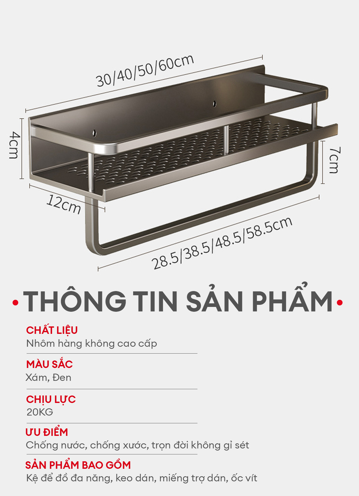 Mô tả Kệ nhà tắm Enomax dán tường  để đồ đa năng, đựng mỹ phẩm, dầu gội... Nhôm hàng không cao cấp. Bảo Hành 10 Năm (Eno 0112) - 7