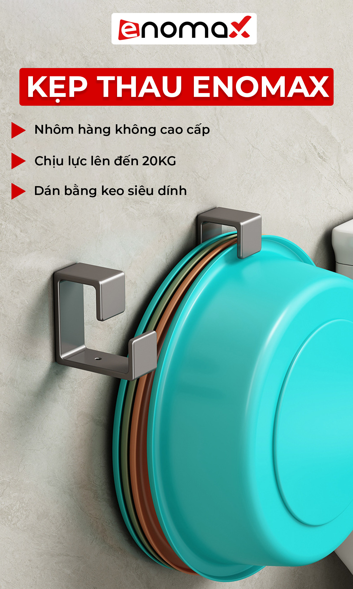 Mô tả Móc treo chậu dán tường Enomax, chịu lực tốt, chất liệu nhôm hàng không, chống gỉ sét - bảo hành 10 năm (Eno 0118) - 1