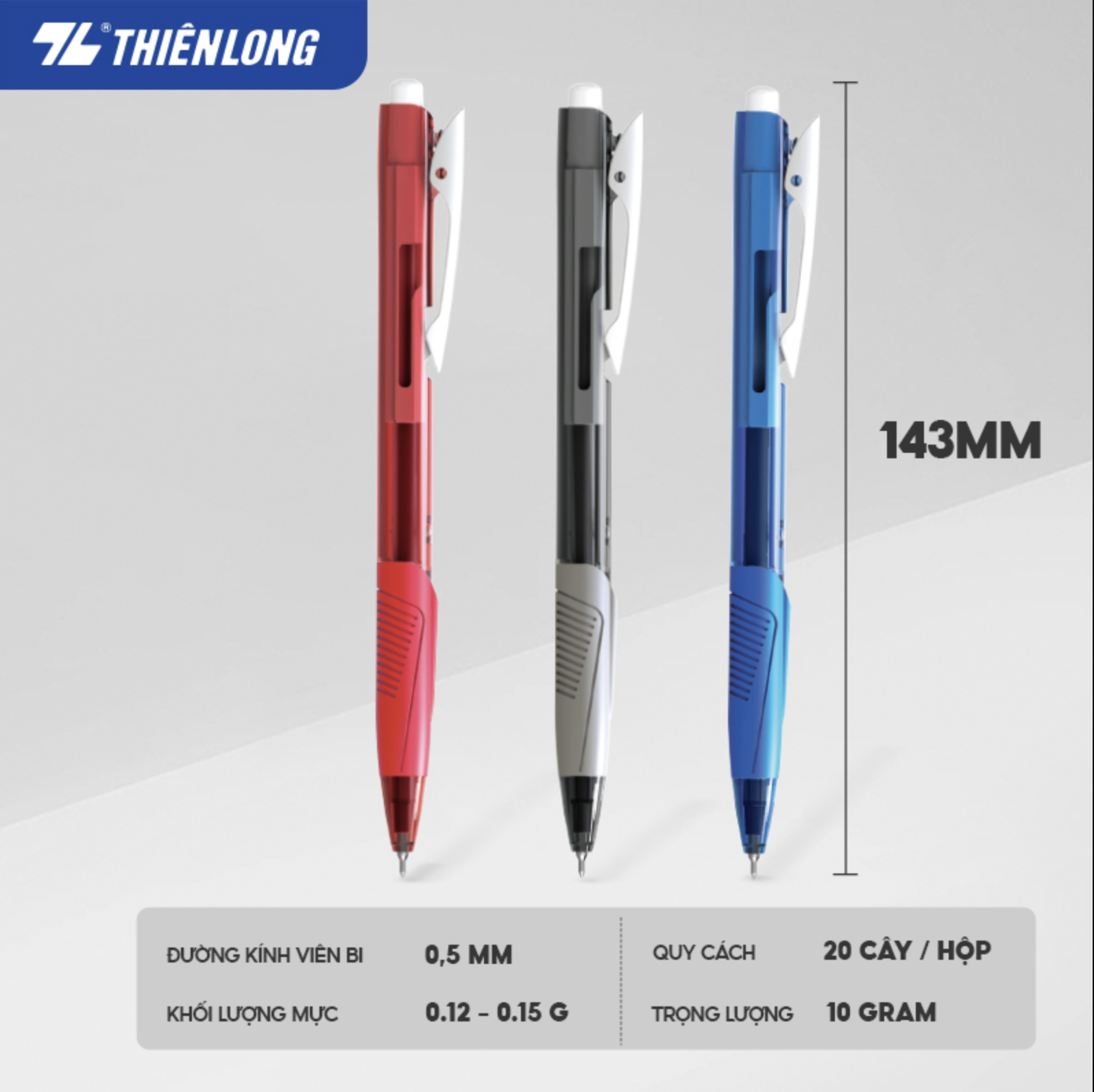 Mô tả Combo 5/10/20 Bút bi Thiên Long TL-095 ngòi 0.5mm - Bút viết bi mực xanh/đỏ/đen kiểu dáng hiện đại - 1