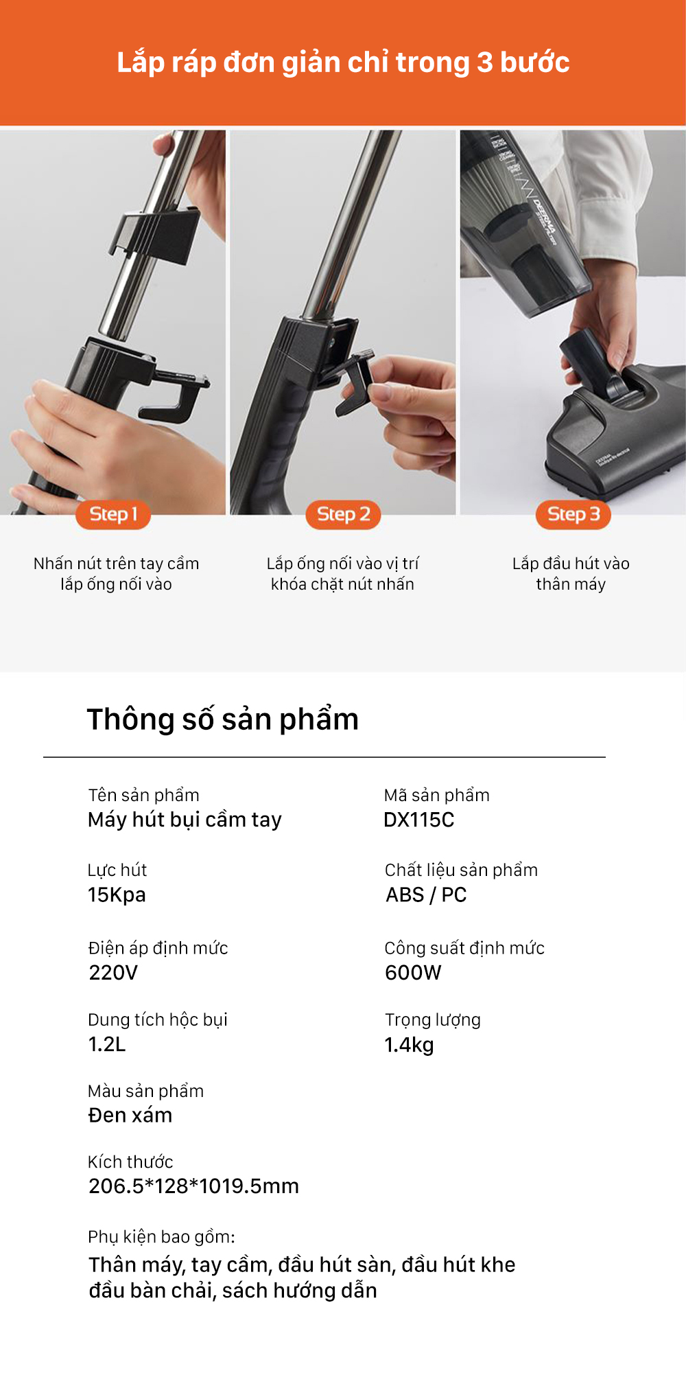 Mô tả Máy hút bụi cầm tay Deerma DX115C lực hút 15000Pa công suất 600W kèm 3 đầu hút đa năng chính hãng - Bảo hành 12 tháng - 11