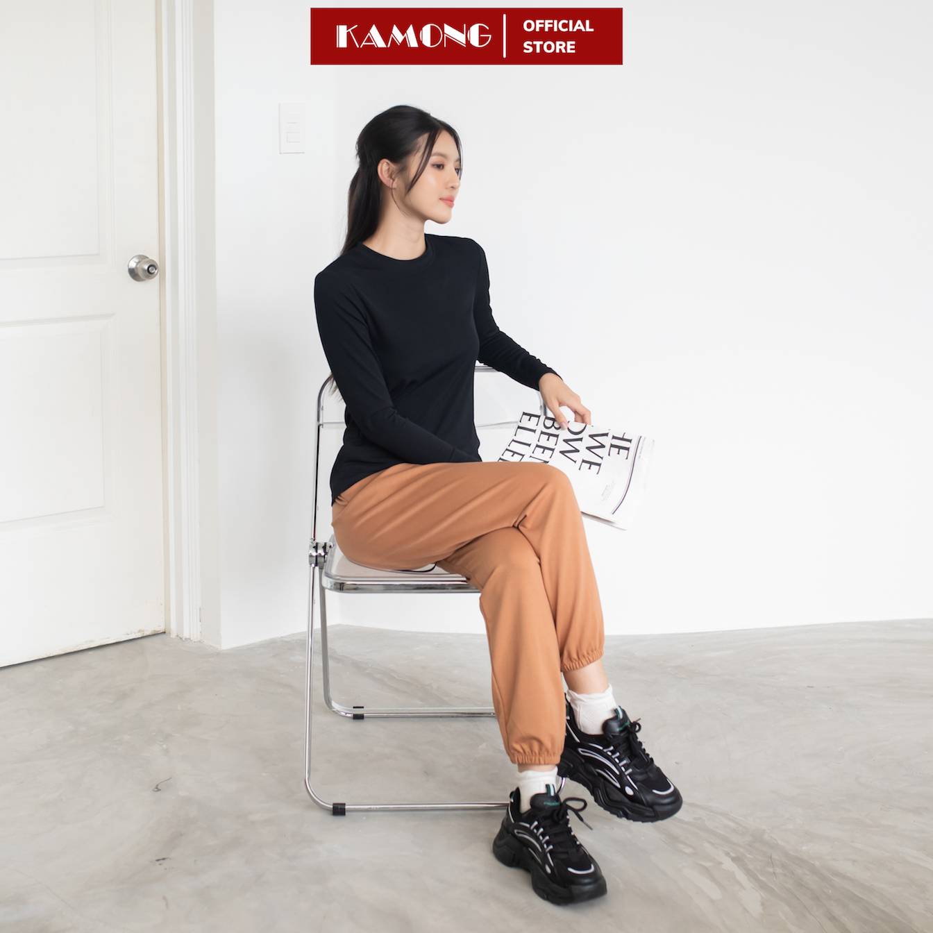 Mô tả Áo thun nữ tay dài KAMONG kiểu dáng basic chất liệu thun tăm A151 - 1