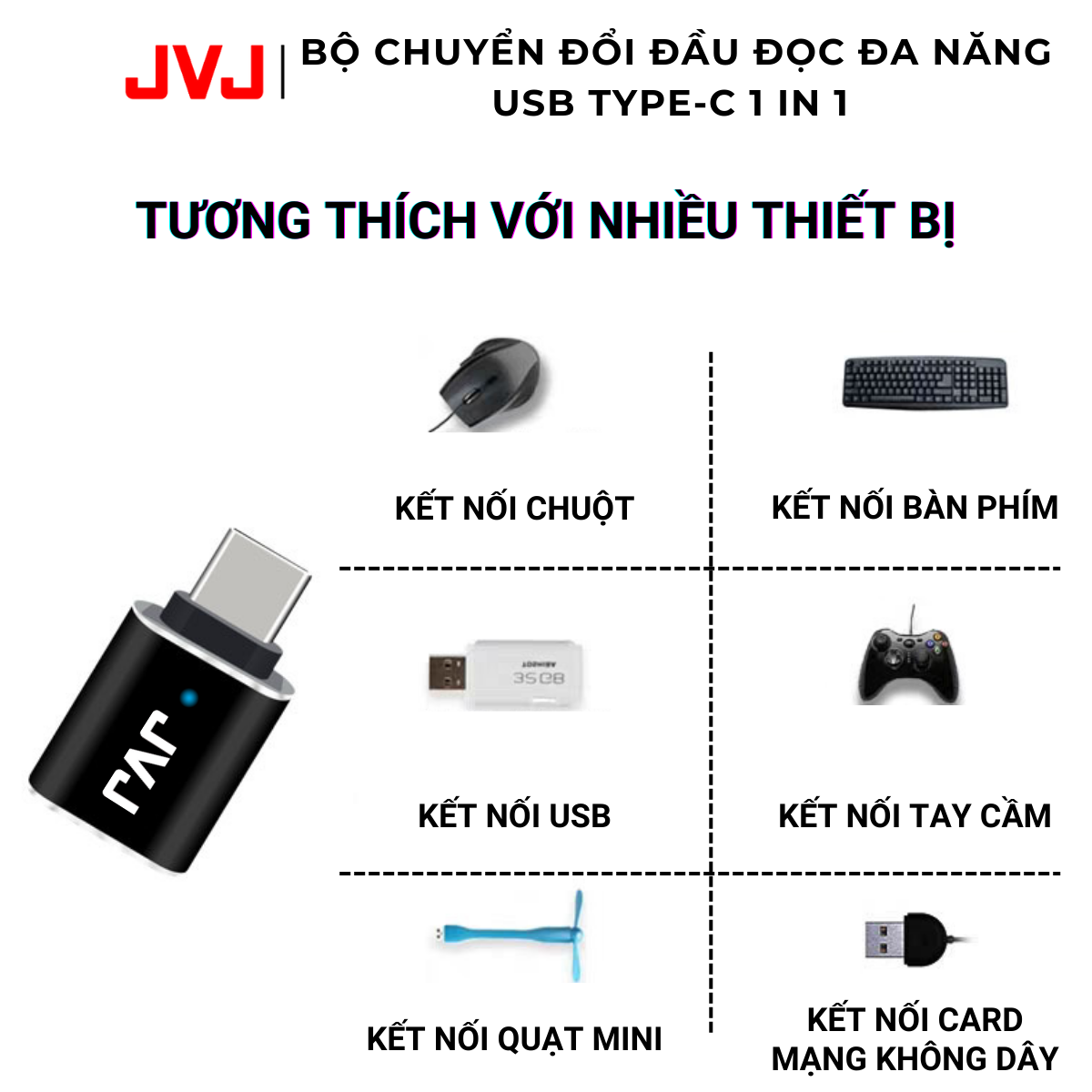 Mô tả Bộ Chuyển Đổi Đầu Đọc Đa Năng JVJ USB Type-C HUB C1, Cổng USB TYPE C 1in1, Đầu Chuyển Đổi Cho Điện Thoại Laptop BH 2 Năm - 2