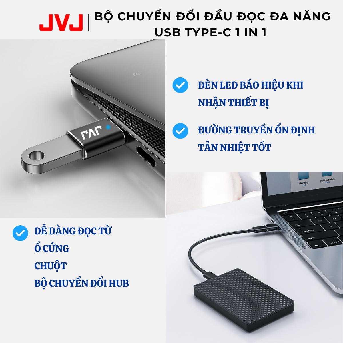 Mô tả Bộ Chuyển Đổi Đầu Đọc Đa Năng JVJ USB Type-C HUB C1, Cổng USB TYPE C 1in1, Đầu Chuyển Đổi Cho Điện Thoại Laptop BH 2 Năm - 3